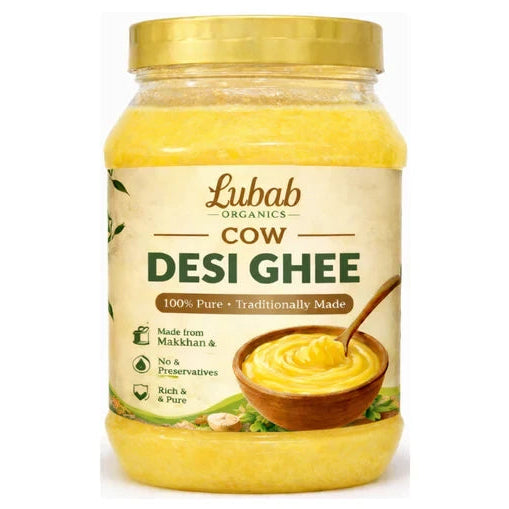 Jar of Lubab Organics Cow Desi Ghee on a white background