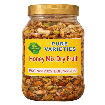 Half Kg Jar of honey mix dry fruit with a gold lid on a white background